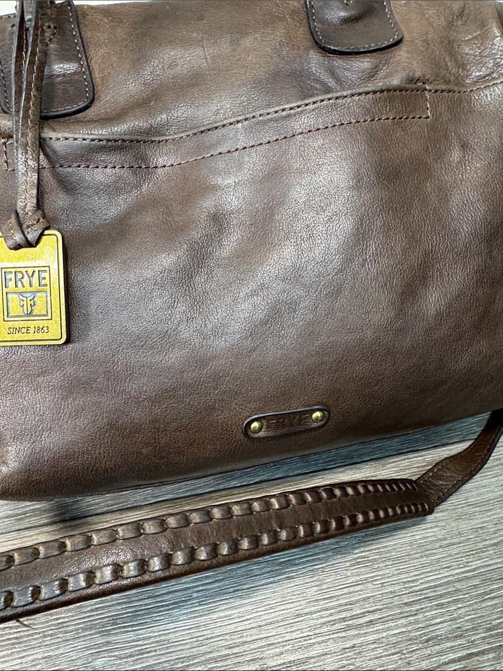 FRYE Dark Brown Leather Satchel with Braided Handles - Picture 3 of 12